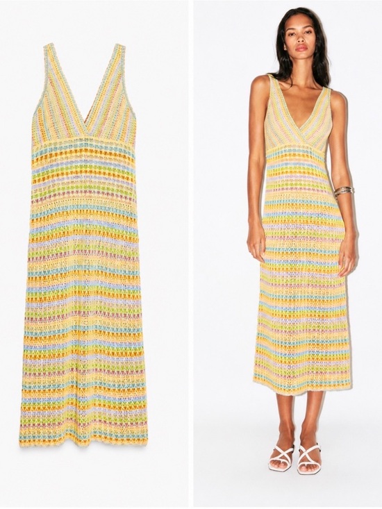 Zara Dresses & Skirts - NWT Zara V-Neck Crochet Midi Dress in Pastel Stripes, small